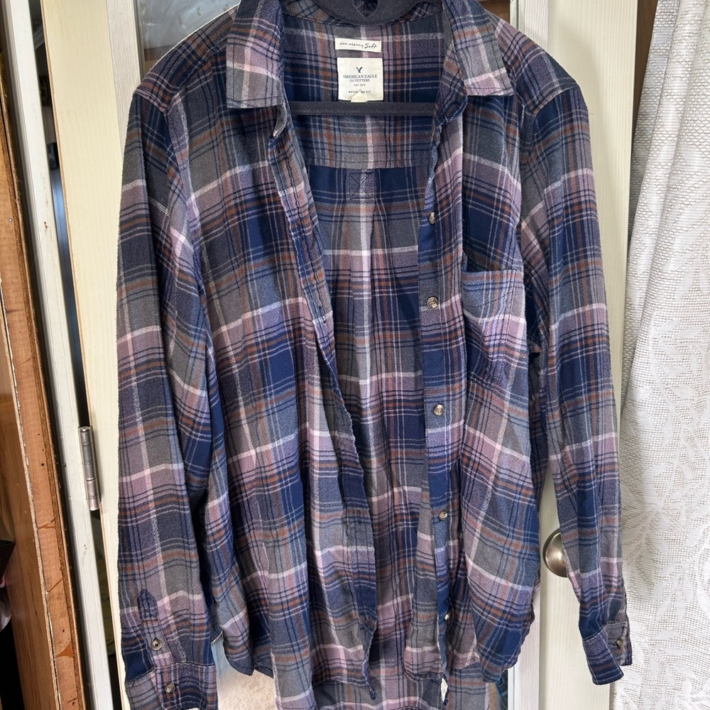 American Eagle Outfitters Navy and Purple Plaid Shirt